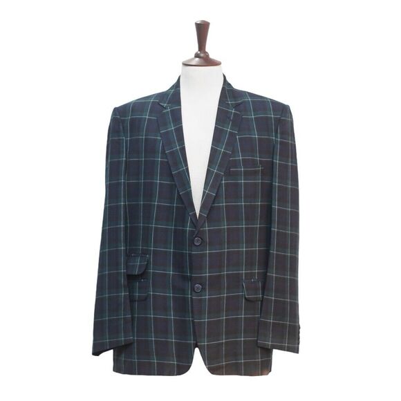 Mens Blazer Tartan Plaid Blue Green 100% Wool Formal Party Jacket Sport Coat 46R - Picture 1 of 8